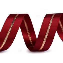 Double Face Satin Ribbon with Lurex width 25 mm - bordeaux - gold, 20 ml.