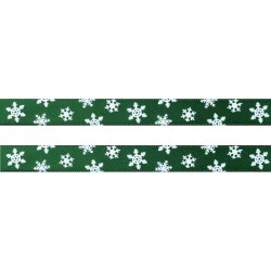 Panglică satinată, imprimeu fulgi de nea, lățime 10 mm (rola 20 m) - verde închis
