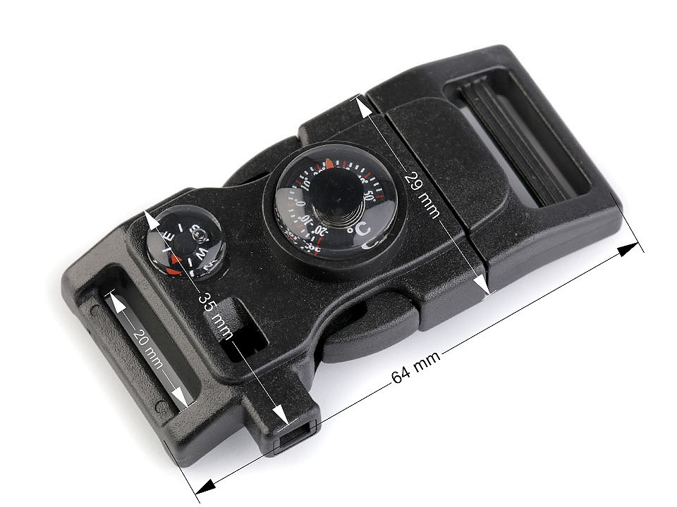 Side release buckle with whistle and compass width 20 mm - Black (1 Piece)